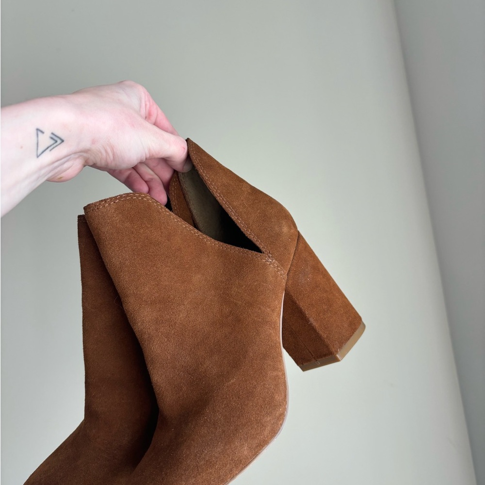 Rust Suede Pointed Toe Block Heel Booties